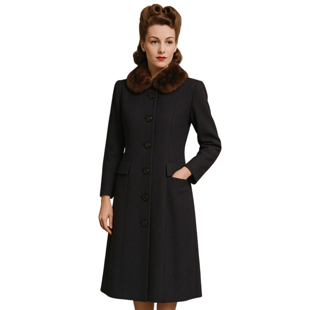 Vintage  1940's Yonkers MARTIN's Union Label Gray Wool and Mink Collar Midi Coat